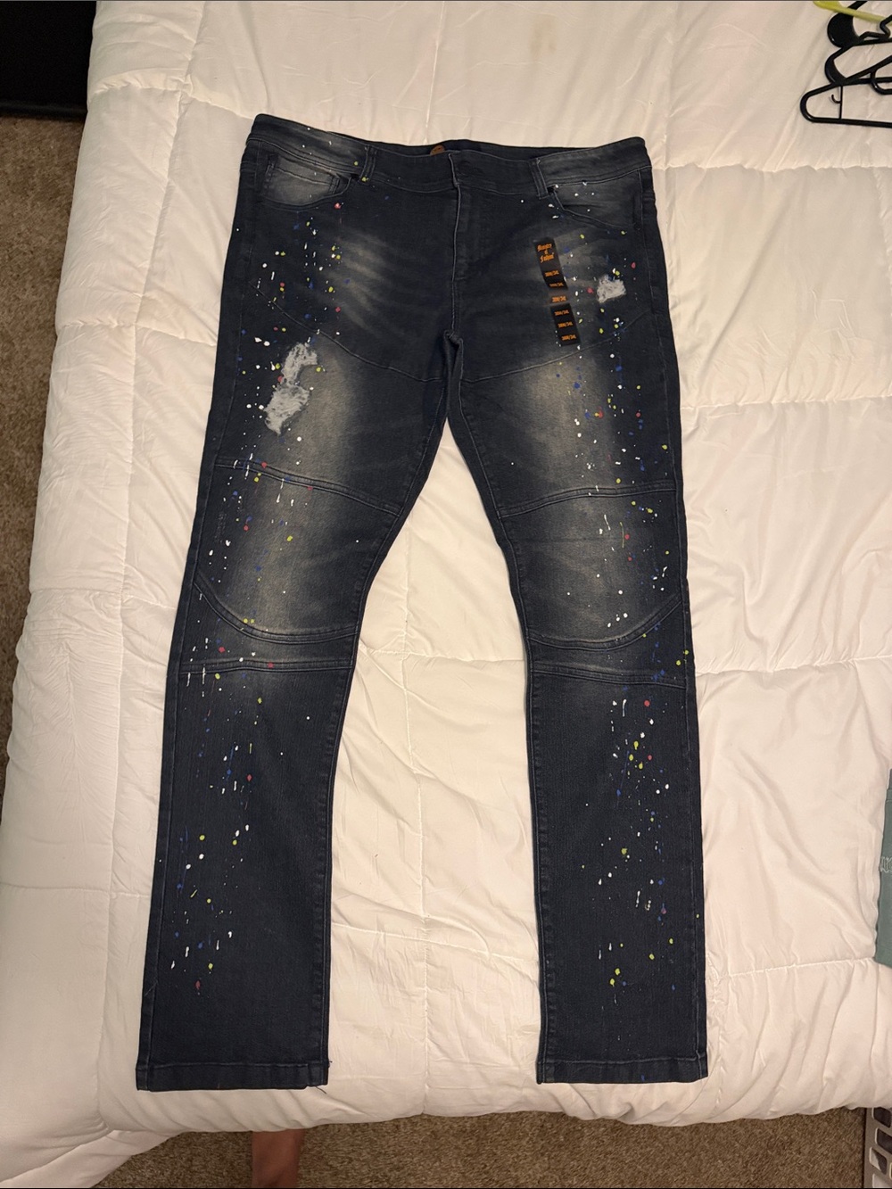 Men's Black Skinny Jeans with Multicolor Paint-Splatter